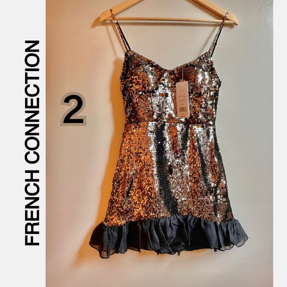 NWT French Connection black silver metallic sequin mini ruffle antique gold tint